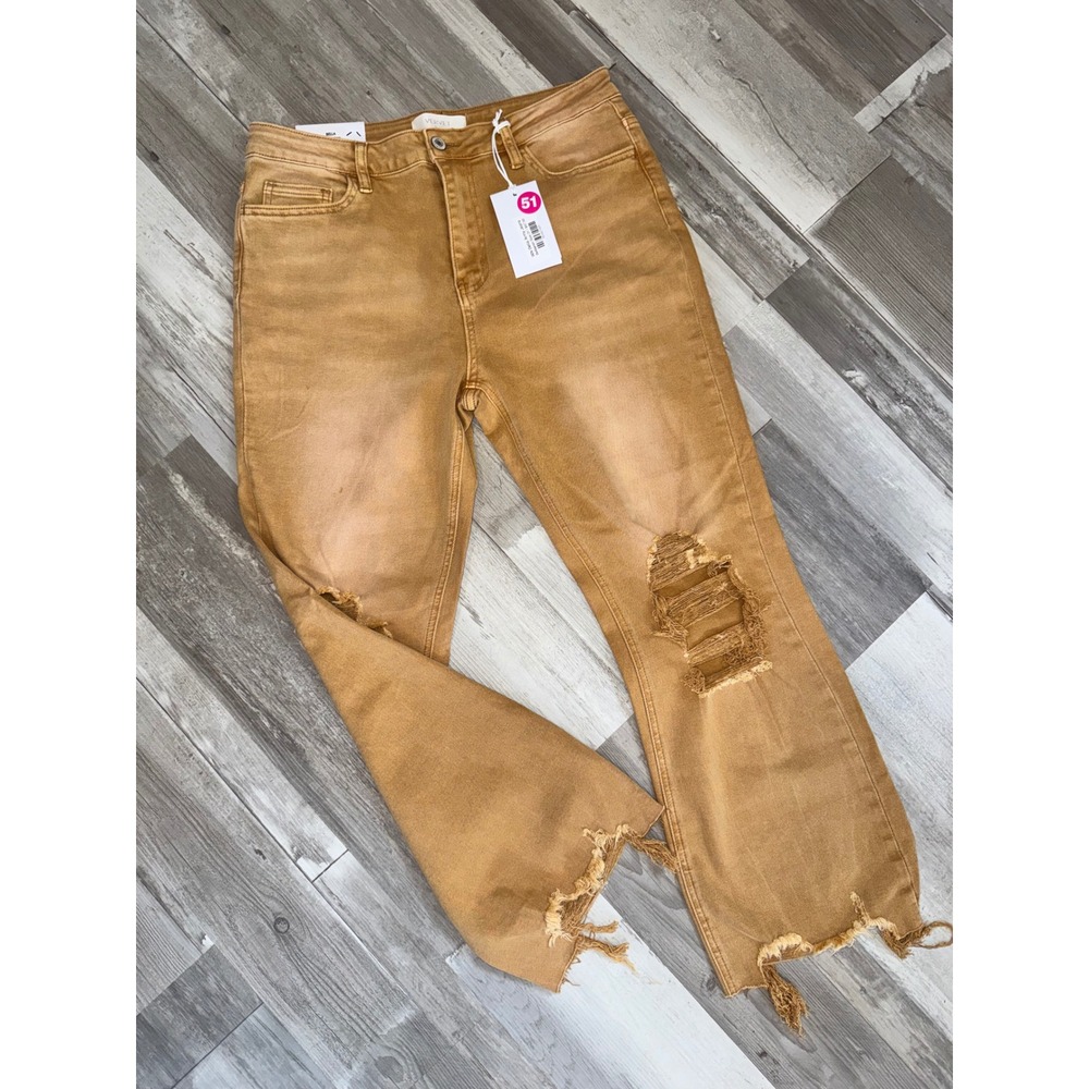 Vervet Bella High Rise Flare Jeans Women 31 Tan Distressed Raw Hem T5773AK NWT
